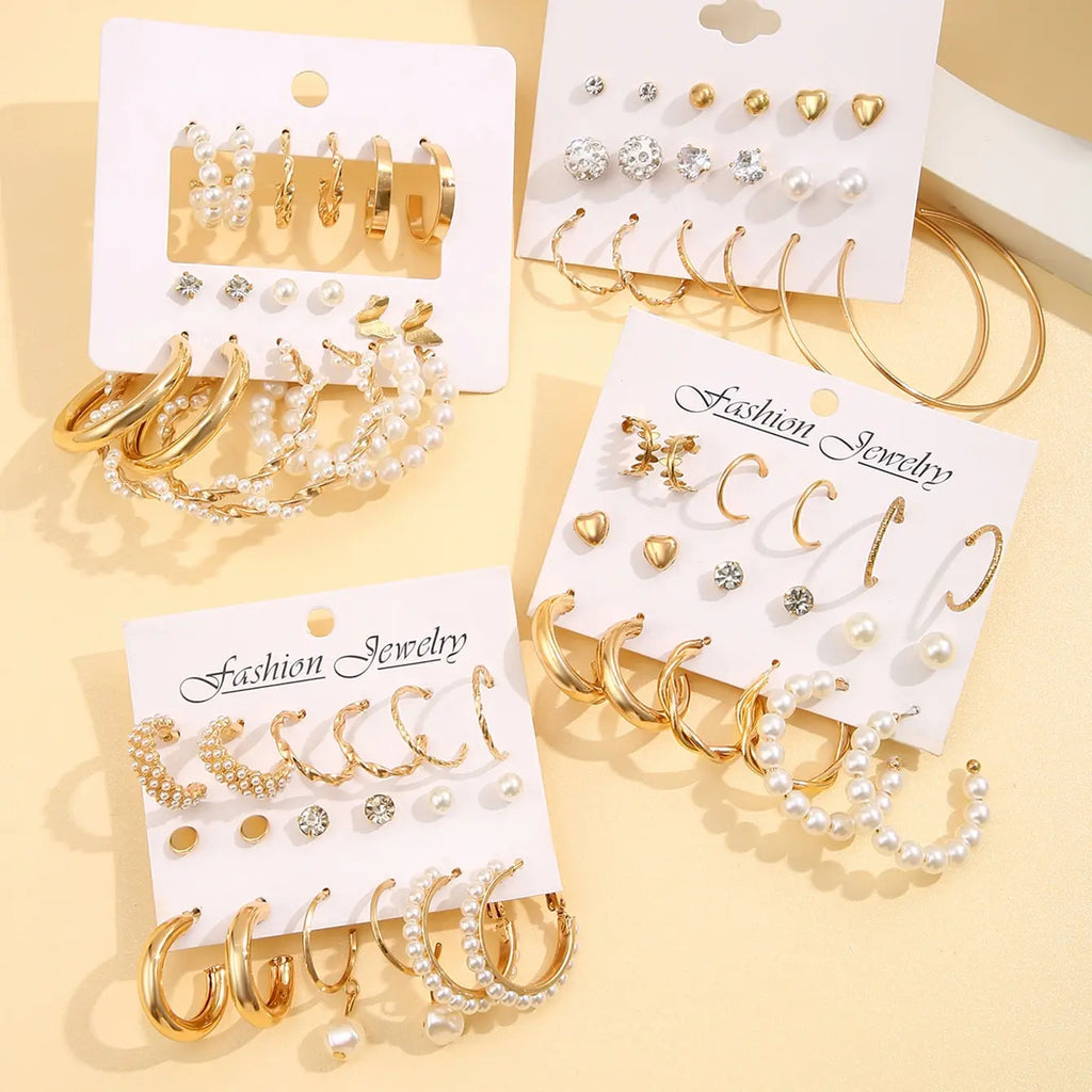 36 Pairs Gold Pearl-Hoop Earrings Set Vintage Circle Twist Women Girls Jewelry