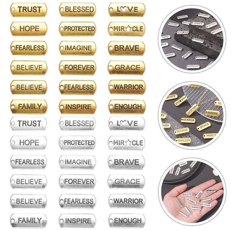 36 Pcs Inspirational Word Pendant Charm Rectangle Jewelry Making Bracelet Charms