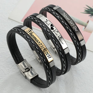 Custom Engraved Leather Bracelet Stainless Steel Nameplate