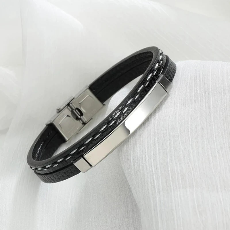 Custom Engraved Leather Bracelet Stainless Steel Nameplate