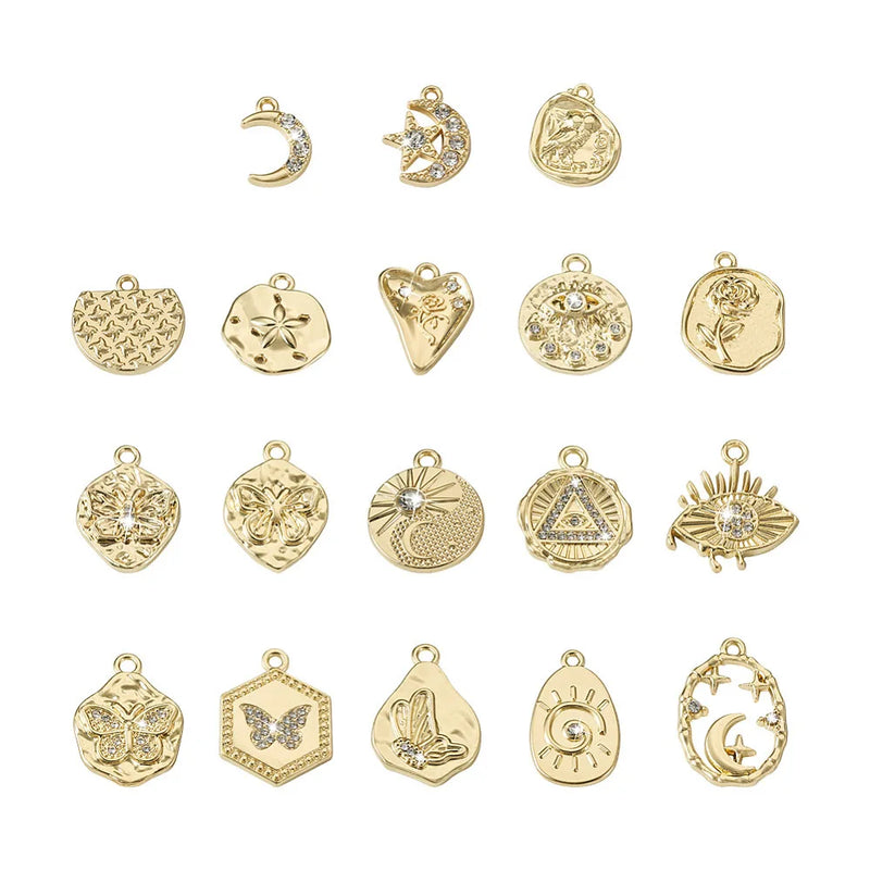 36Pcs Alloy Pendants Dangle Charms Flat Round with Rose Moon Star Flower Golden