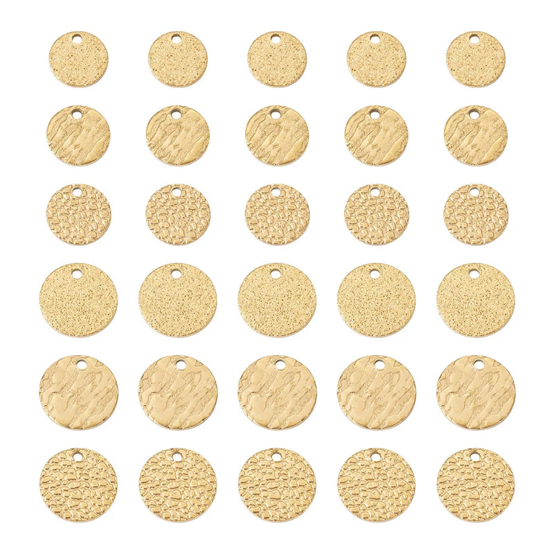 36Pcs Stainless Steel Charms Flat Round Pendants Golden Plated