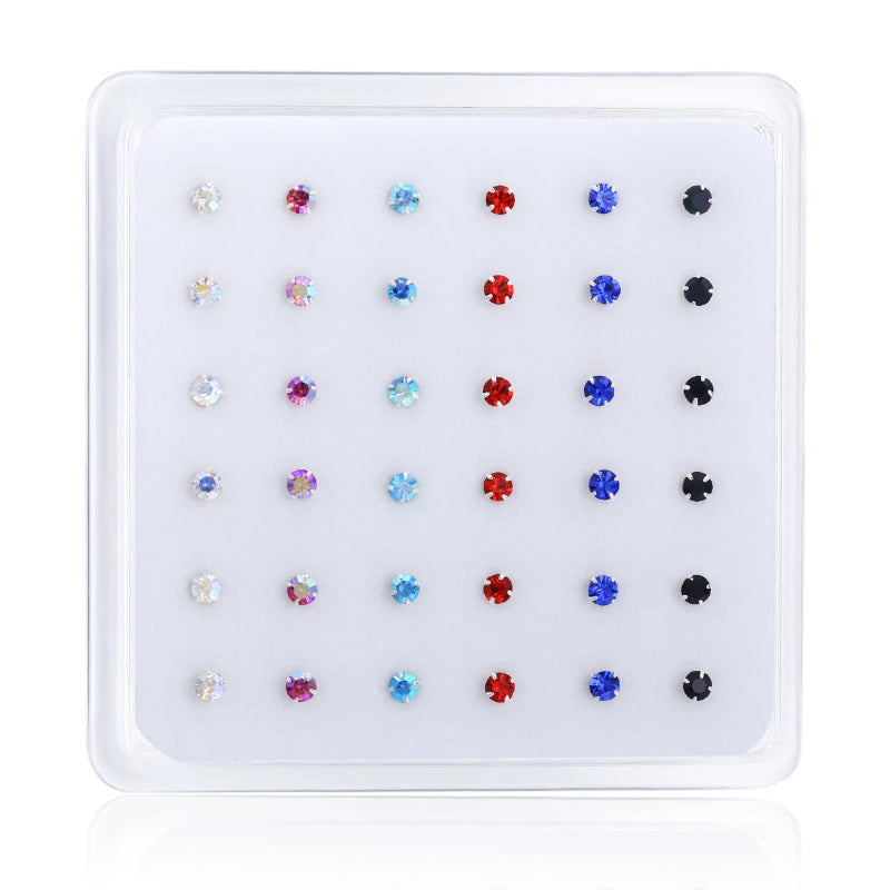36pcs 925 Sterling Silver Nose Rings & Studs Crystal Piercing Jewelry