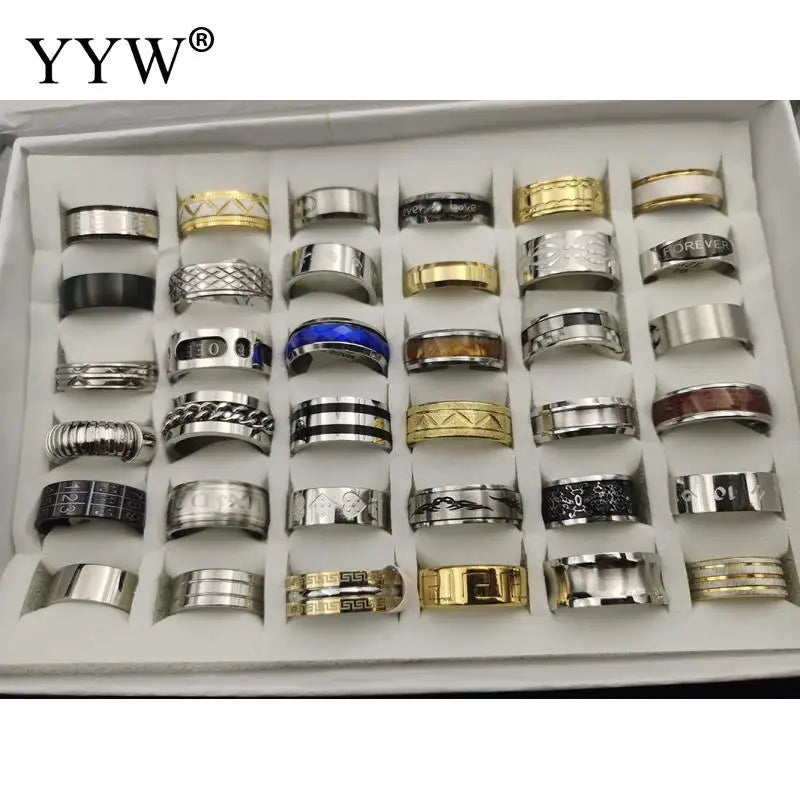 36pcs/Box Alphabet Silver/Gold Stainless Steel Finger Ring Mixed Ring Size 17-21