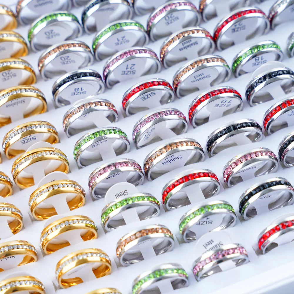 36pcs Multicolor Rhinestone Silver Rings Mix Style Wedding Party