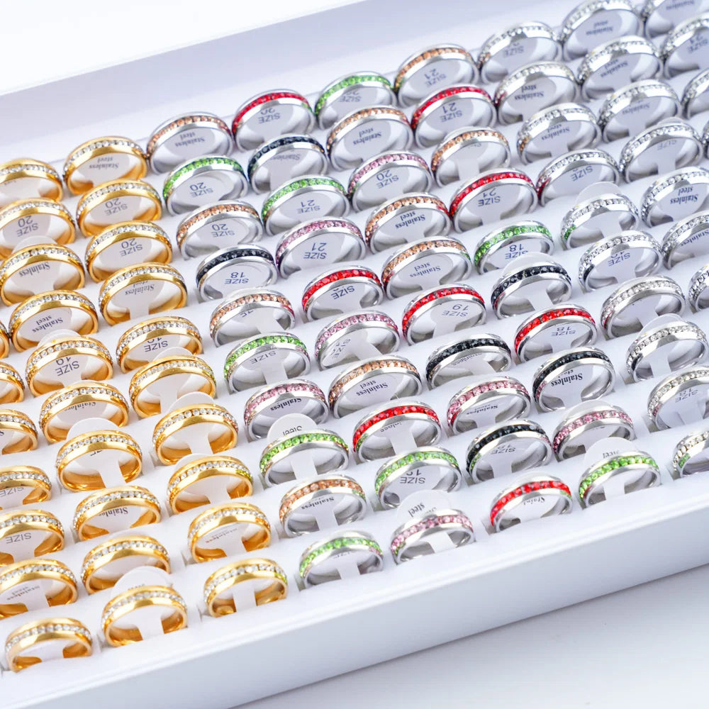 36pcs Multicolor Rhinestone Silver Rings Mix Style Wedding Party