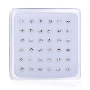 36pcs 925 Sterling Silver Nose Rings Studs Clear Crystal Piercing Jewelry