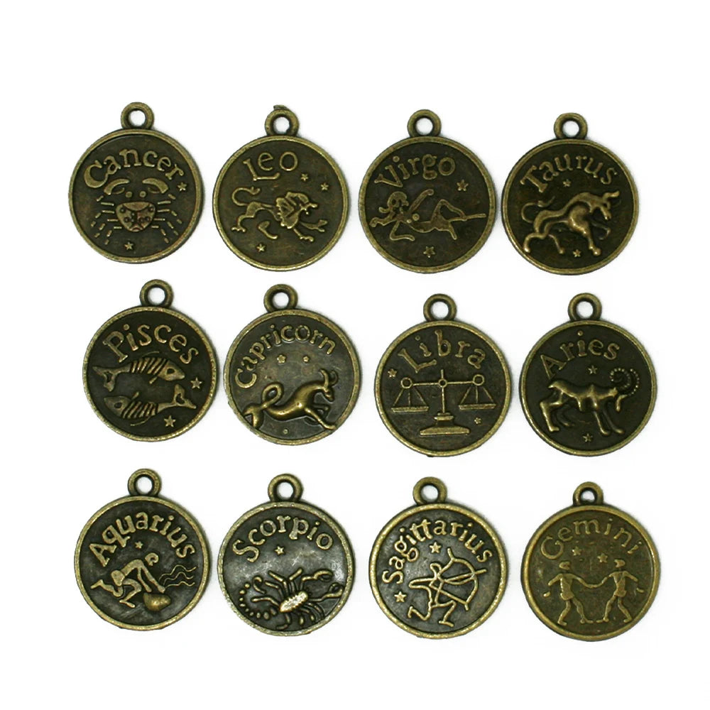 36pcs Round Zodiac Constellation Charms Vintage Bronze Alloy Pendant