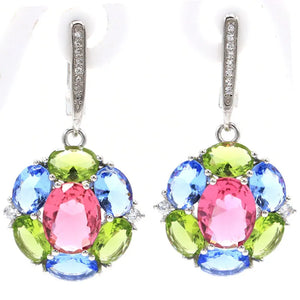 Green Peridot Tanzanite Tourmaline Earrings in 925 Silver
