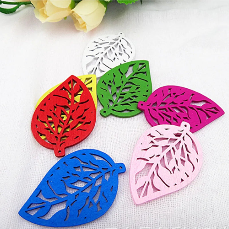 30pcs Mixed Hollow Leaf Wooden Pendant Charm Beads Necklace DIY Accessory