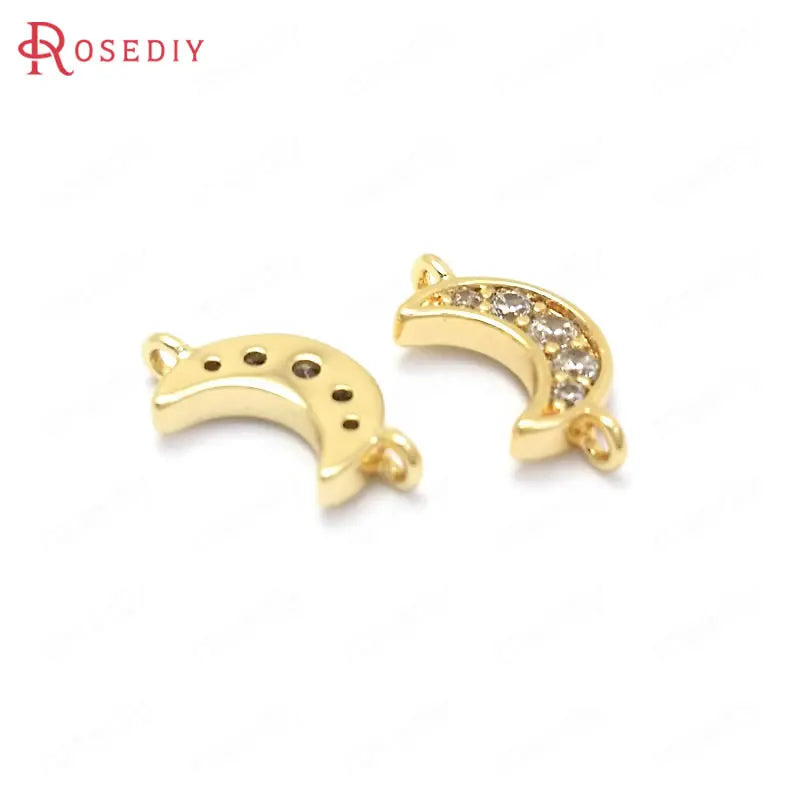 6PCS 11x5MM Moon Connect Charms Pendants 24K Brass Zircon 2 Holes DIY Jewelry