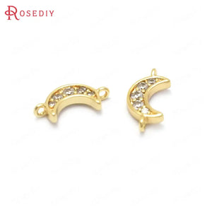 6PCS 11x5MM Moon Connect Charms Pendants 24K Brass Zircon 2 Holes DIY Jewelry