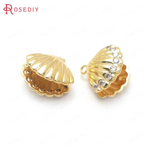 4PCS 13x12MM 24K Brass Zircon Shell Charms Pendants Jewelry Making Supplies