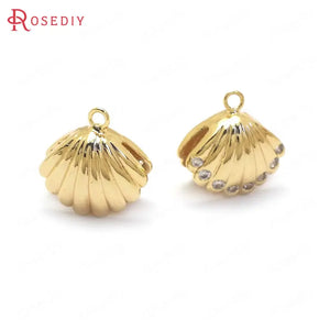 4PCS 13x12MM 24K Brass Zircon Shell Charms Pendants Jewelry Making Supplies
