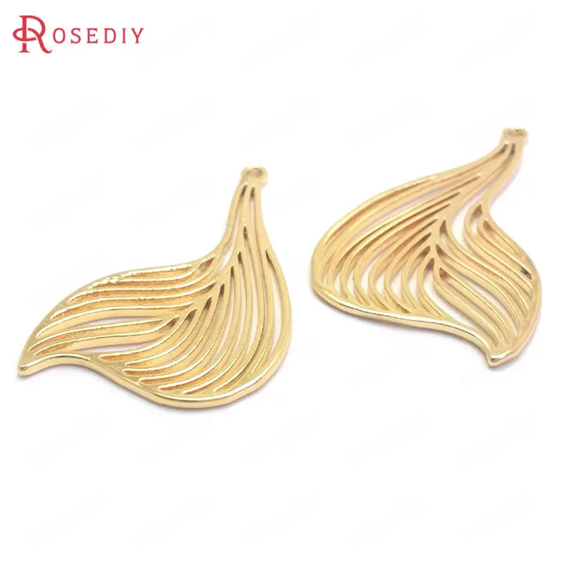 6PCS 38x25MM 24K Brass Feather Charms Pendants High Jewelry Making Supplies