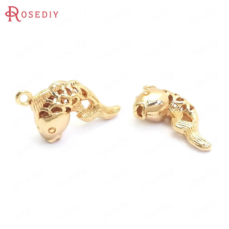 10PCS 16x16MM 24K Brass Fish Charms Pendants