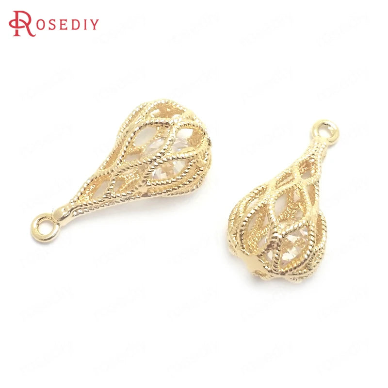 6PCS 20x10MM 24K Brass Zircon Long Drop Shape Charms Pendants Jewelry DIY