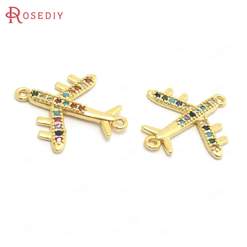 6PCS 19x17MM 24K Brass Zircon Aircraft Charms Pendants