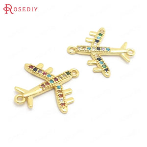 6PCS 19x17MM 24K Brass Zircon Aircraft Charms Pendants