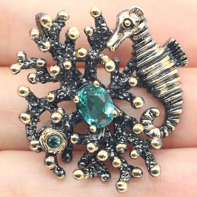 Neo-Gothic Animal Rich Aquamarine Silver Pendant