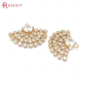 4PCS 15x21MM Champagne Brass Zircon Fan Charms Pendants DIY Findings Accessories