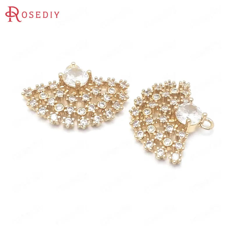 4PCS 15x21MM Champagne Brass Zircon Fan Charms Pendants DIY Findings Accessories