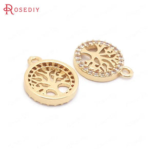 6PCS High Champagne Brass Zircon Tree Charms Pendants 12.5x10.5MM