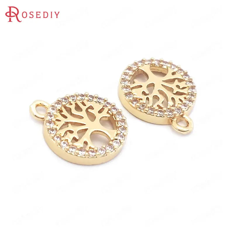 6PCS High Champagne Brass Zircon Tree Charms Pendants 12.5x10.5MM