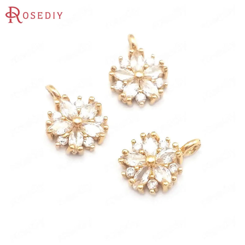6PCS Champagne Brass Zircon Flower Charms Pendants DIY Jewelry Findings