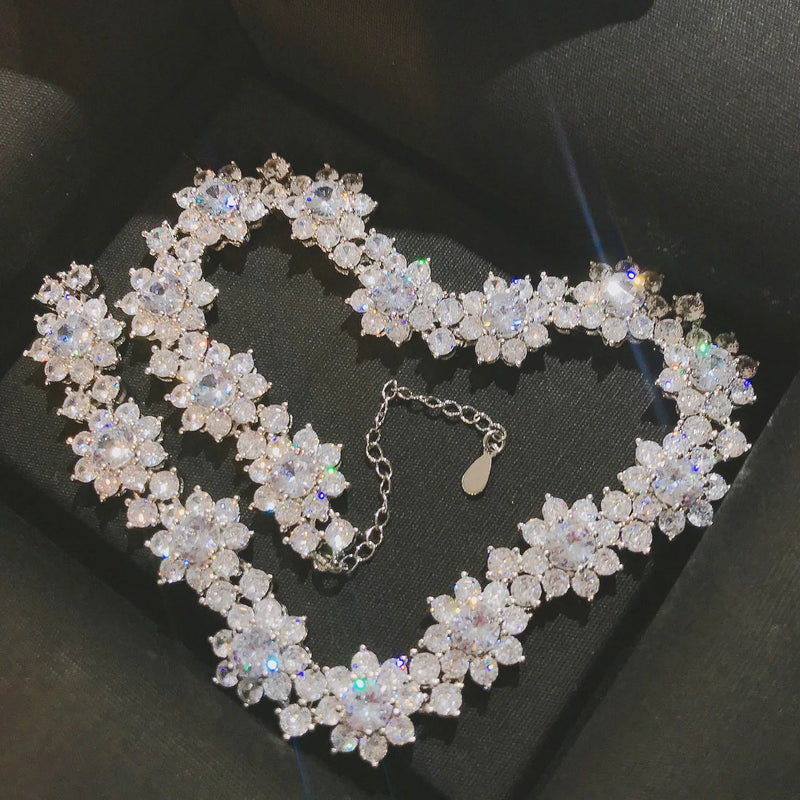 Silver Sunflower Flower Necklace with Cubic Zirconia