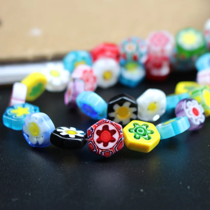 11mm Lampwork Glass Flower Beads Hexagon Shape Mix Patterns Mix Colors DIY