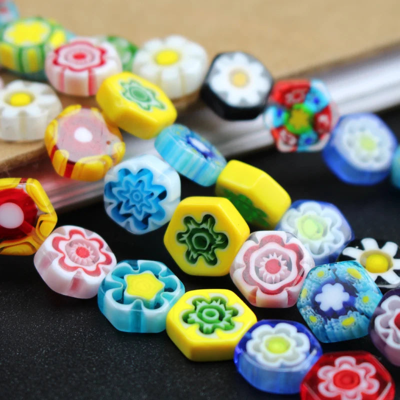 11mm Lampwork Glass Flower Beads Hexagon Shape Mix Patterns Mix Colors DIY