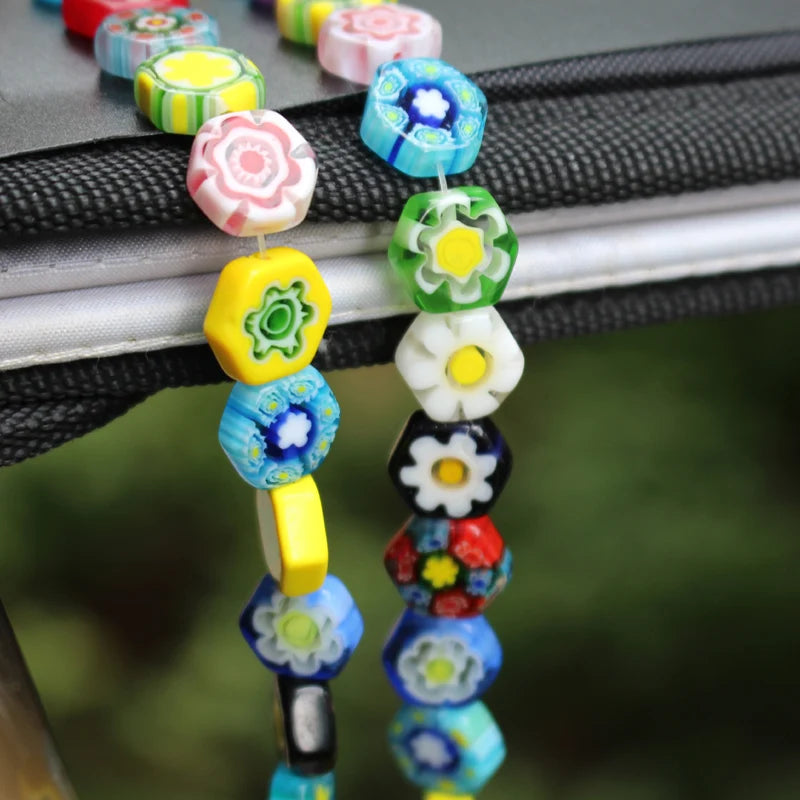 11mm Lampwork Glass Flower Beads Hexagon Shape Mix Patterns Mix Colors DIY