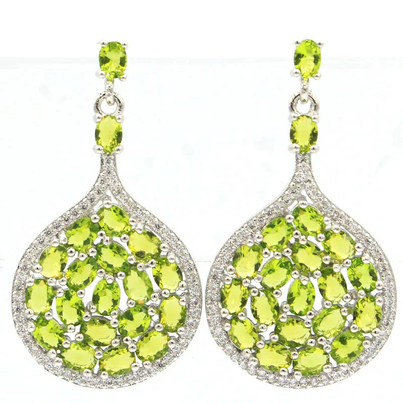 Big European Green Peridot CZ 925 Silver Earrings