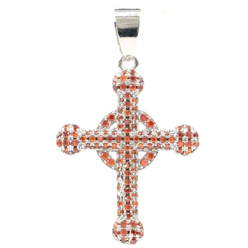 Classic Long Cross Orange Spessartine Garnet Silver Pendant