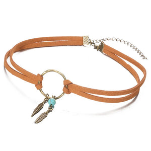 Boho Feather Bead Pendant Brown Leather Chain Necklace Lady Jewelry Gift