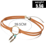Boho Feather Bead Pendant Brown Leather Chain Necklace Lady Jewelry Gift