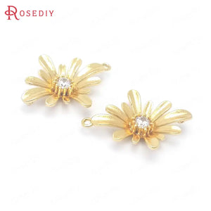 6PCS 25x18.5MM 24K Brass Zircon Flower Charms Pendants
