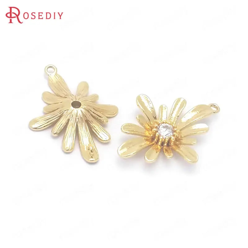 6PCS 25x18.5MM 24K Brass Zircon Flower Charms Pendants