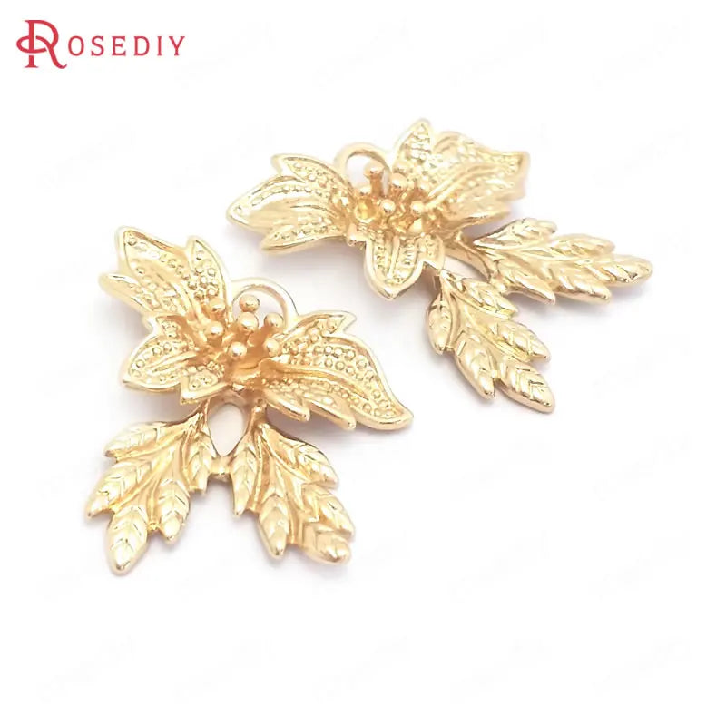 10PCS 18x25MM 24K Brass Tree Leaf Charms Pendants DIY Jewelry Supplies