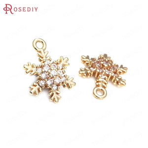 10PCS Champagne Brass Zircon Snowflake Charm Pendants 14x10MM