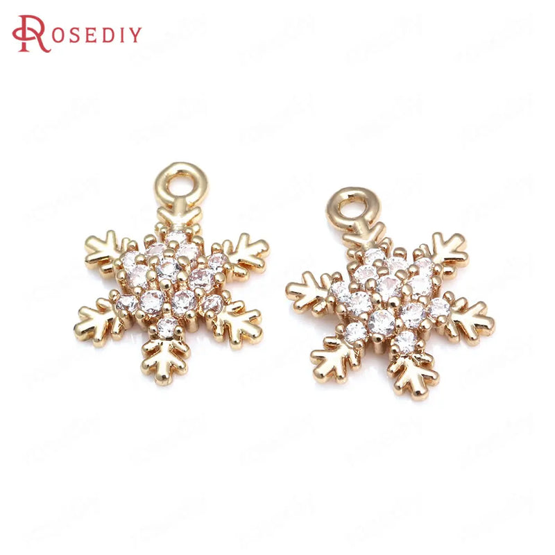 10PCS Champagne Brass Zircon Snowflake Charm Pendants 14x10MM