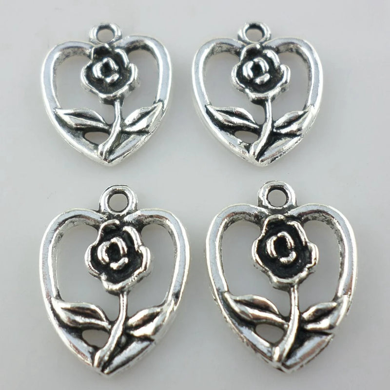 39pcs Tibetan Silver Rose Flower Charm Heart Pendants 15x19mm