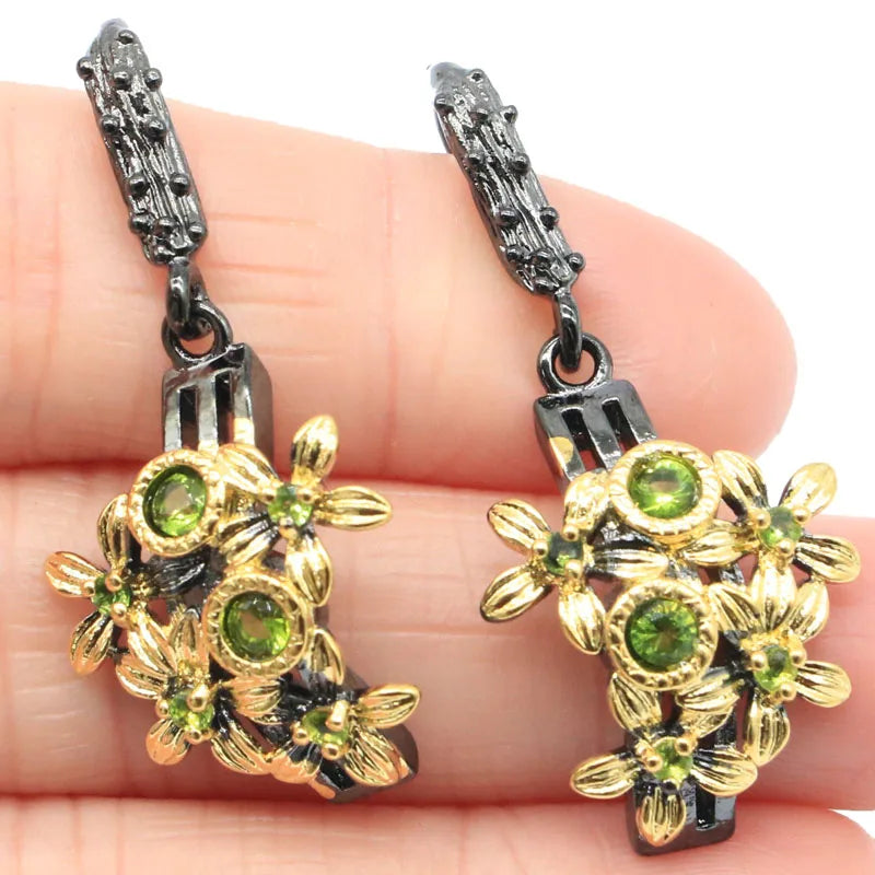 Neo-Gothic Vintage Aqua Green Peridot Flower Silver Earrings
