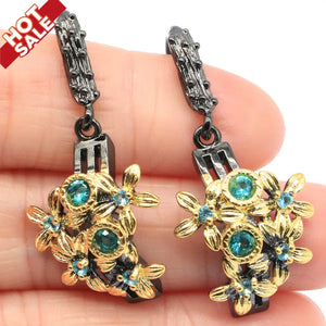 Neo-Gothic Vintage Aqua Green Peridot Flower Silver Earrings