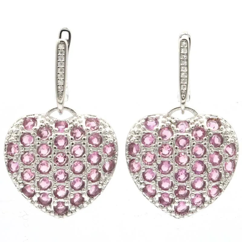 Lovely Hollow Pink Tourmaline CZ Silver Earrings for Women