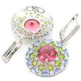 Pink Tourmaline Peridot Tanzanite CZ Silver Earrings