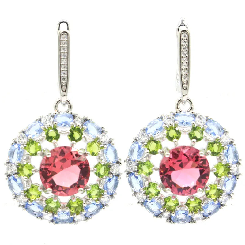 Pink Tourmaline Peridot Tanzanite CZ Silver Earrings