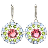 Pink Tourmaline Peridot Tanzanite CZ Silver Earrings