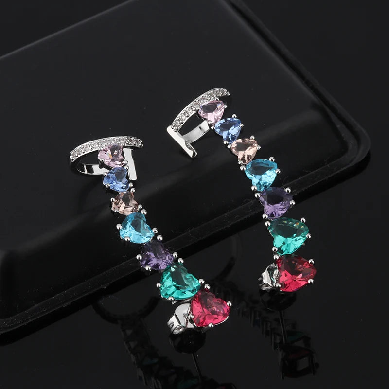 Copper Colorful Heart CZ Clip Earrings Wedding Party Gift